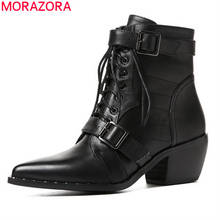 MORAZORA 2020 размера плюс 33-42; осенне-зимние ботильоны; модные ковбойские ботинки с пряжкой; женская обувь из натуральной кожи черного цвета 2024 - купить недорого