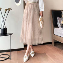 2021 New Woman Skirt Elastic High Waist Rhinestone Mesh Skirts Women A-Line Pleated Skirts Casual Skirt Mujer Faldas Femme Jupes 2024 - buy cheap