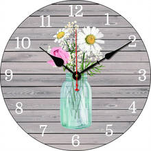 Relógio de parede estilo vintage, com margaridas, flores, redondo, com listras de madeira, para casa, relógio moderno 2024 - compre barato