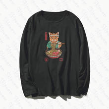 Японский кот рамен женская футболка Kawaii Эстетическая корейский стиль Harajuku Винтаж Хлопок размера плюс с длинным рукавом Уличная футболка 2024 - купить недорого