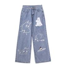 Корейские женские джинсы с мультяшным принтом 2021 Y2K модные брюки повседневные свободные джинсы синие прямые брюки 2024 - купить недорого