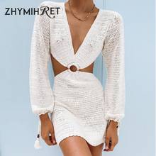 ZHYMIHRET-vestido blanco de punto con cuello de pico profundo para mujer, ropa de playa de manga larga con espalda descubierta, vestido bohemio calado, 2021 2024 - compra barato