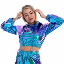 Sudadera corta holográfica de PU brillante para mujer, suéter de manga larga con cordón ajustable, ropa de calle, 2020 2024 - compra barato