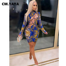 CM.YAYA Fall Paisley Floral Print Women Midi Dress Long Sleeve Bodycon Sexy Club Party Pencil Lace Up Hollow Out Mini Dresses 2024 - buy cheap