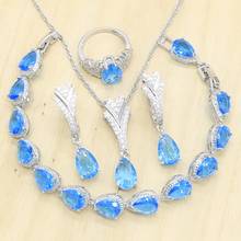 Conjuntos de joyas de Color plateado para mujer, piedras semipreciosas azules, anillo, pendientes, colgante, collar, pulsera, regalo de boda 2024 - compra barato