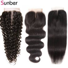 Sunber fechamento brasileiro do laço encaracolado 150% densidade remy cabelo humano cor natural pré-arrancado t parte fechamento do laço 2024 - compre barato