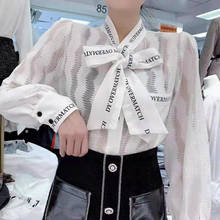 Nova blusa feminina chiffon renda patchwork manga comprida, camisa branca elegante com laço social 2024 - compre barato