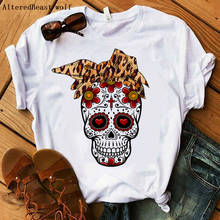 Camiseta con estampado de calavera de azúcar para mujer, ropa informal con estampado de leopardo, Bandana, Punk 2024 - compra barato