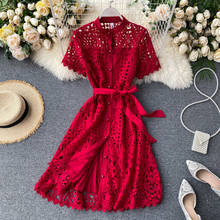 Summer Spring Vintage Hollow Out Sashes Buttons A-line High Waist Short Sleeve Women Female Dress HB210 2024 - buy cheap