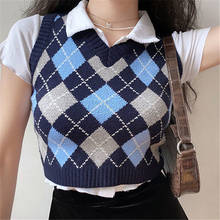 2021 New Argyle Plaid Knitted Sweater Vest Women Preppy Style Autumn Sleeveless Crop Sweaters  Casual Waistcoat 2024 - buy cheap