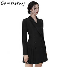 Office Lady Autumn Vintage Suit Collar Black Blazer Dress Women's Double-breasted Long Sleeve Elegant Party Work Pleated Dresses 2024 - buy cheap