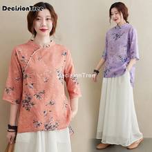 Blusa tradicional chinesa para mulheres, estilo folk algodão, linho, camisa vintage, traje tang, cheongsam, blusa feminina de chiffon, 2021 2024 - compre barato