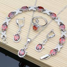 Conjuntos de joyería de plata 925 para mujer, aretes largos, pulsera, anillo abierto, conjunto de collar, Toapz, rojo, granate, blanco 2024 - compra barato