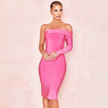 pink long sleeve sexy lady off shoulder slash neck bodycon knee length celebrity bodycon bandage dresses 2024 - buy cheap