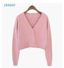 JESSIC korean knitted sweaters cardigan women v-neck solid loose single breasted jacket long sleeve crop top coat autumn clothes 2024 - buy cheap