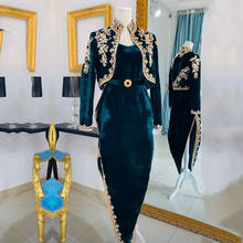 Vestuário de noite árabe argelino, vestido de veludo dubai caftan 2 peças, apliques dourados, vestido de festa kaftan azul real 2024 - compre barato