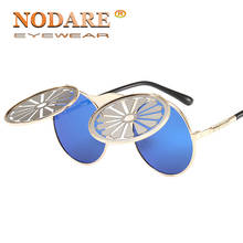 NODARE High Quality Steampunk Tire Flip Sunglasses Men Brand Design Trending Sun glasses Round Metal Frame Male Party Eyewear 2024 - buy cheap
