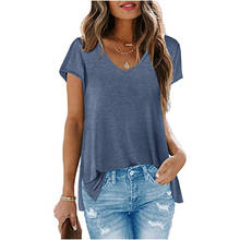 Sexy V Neck Solid Color Women Tshirt 2021 New Summer Slub Cotton White Short Sleeved Split Hem Fashion Street Hipster Ladies Tee 2024 - buy cheap