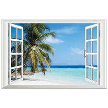 Papel de parede 3d com janela falsa de vinil, mural de praia, palmeira, decoração para casa, pôster criativo, papel de parede 60x40cm 2024 - compre barato