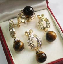Free Shipping Hot! beautiful new jewelry FINE + 12mm tiger eye stone pendant, earring, , ring set 2024 - buy cheap