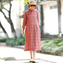 Johnature 2021 Autumn Fashion Stand Plaid Pockets Plate Buckle Cheongsam Dress New Cotton Linen Long Sleeve Women Retro Dresses 2024 - buy cheap