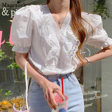 Blusa de renda coreana com decote em v, mangas curtas, plissado, costura solta, blusa feminina casual, camisa de crochê doce 2021 2024 - compre barato