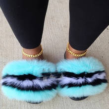 Luxury Furry Slides Summer Sandals Fuzzy Slide Fox Fur Slippers Fluffy Fur Women's Shoes  Blue Pantuflas De Mujer De Peluches 2024 - buy cheap