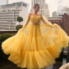 Yellow Beaded Long Sleeves Prom Dresses Off The Shoulder A Line Pleated Evening Gowns Plus Size Sweep Train Tulle Formal Dress 2024 - buy cheap