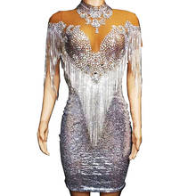 Vestido prata brilhante cristal borla, malha transparente vestido feminino justo elástico quadril vestido curto boate roupa de festa de aniversário 2024 - compre barato