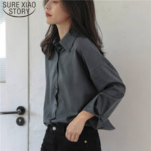 Blusa feminina folgada de manga comprida, camisa cinza lisa plus size para mulheres 2021 50 2024 - compre barato