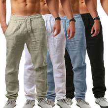 Брюки мужские хлопково-льняные, дышащие однотонные штаны для фитнеса, уличная одежда, лето 2024 - купить недорого