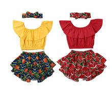 Conjuntos de roupas infantis de verão, 1-6 anos, estampa de melancia com abacaxi, ombro de fora, camisetas + shorts + bandana 2024 - compre barato