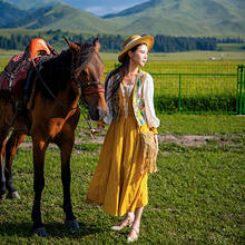 Vestido Vintage largo de algodón y encaje para mujer, prenda de primavera y otoño con manga farol, color amarillo, S-L, 2021 2024 - compra barato