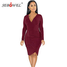 SEBOWEL Sexy V-neck Folds Irregular Bodycon Dresses Women Autumn Long Sleeve High Waist Slim Curve Lady Knee-Length Dress 2024 - buy cheap