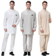 Abaya moda muçulmano dos homens thobe jubba 2 pçs conjunto longo vestes árabe roupa islâmica masculino vestido kurta paquistão arábia saudita ramadan 2024 - compre barato