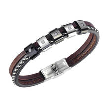 Pulseras de cuero hechas a mano para hombre, pulsera de acero inoxidable de circonia cúbica, joyería masculina 2024 - compra barato