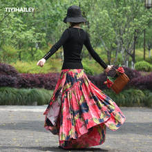 TIYIHAILEY Free Shipping  Long Maxi A-line Elastic Waist Women Autumn Cotton And Linen Chinese Style S-2XL Flower Print Skirts 2024 - buy cheap