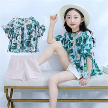 New Girls Casual Two-piece Clothes Set Sweet print Leaves Short Sleeve Tops + white shorts Summer Outfits 2024 - buy cheap