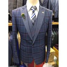Blue Lattice Men's Suit 3 Piece Slim Fit Wedding Suits for Men Groom Dress Tuxedo Luxury Blazer Business Jacket Vest Pants Set 2024 - buy cheap