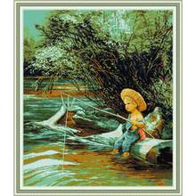 Fishing Boy DIY Paintings Printed Canvas 14CT Cross Stitch Kits DMC Counted Fabric Chinese Needlework Embroidery Sets Decoration 2024 - buy cheap