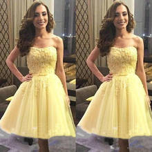 Yellow Short Graduation Prom dresses Strapless A line Tulle Applique Beaded Sequins Pleated Cheap Homecoming Party Dress Cheap 2024 - buy cheap