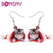 Bonsny brincos de acrílico para natal, chapéu de natal, brincos de gato gatinho pendurado, joias de animais fofos para mulheres, meninas, adolescentes, decoração, presente 2024 - compre barato