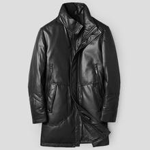 Genuine Leather Down Jacket Men Long Stand Collar Leather Coat Winter Sheepskin Velvet Padded Thickened Black 2024 - buy cheap