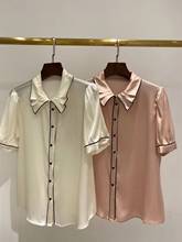 2021 Summer Runway Blouse Women New Fashion Peter pan Collar Short Sleeves Single Breasted  Casual Shirt Silk Tops 2024 - buy cheap