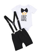 2 Pcs Infant Casual Outfits, Summer Baby Letter Crown Print Bowknot Short Sleeve Round Neck Romper + Solid Suspender Pants 6-18M 2024 - buy cheap