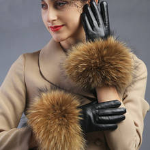 2020 nova pele de guaxinim real luvas de pele de couro das mulheres moda luxo grande pele de guaxinim luvas de couro genuíno feminino 2024 - compre barato