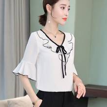 Women Spring Summer Style Chiffon Blouses Shirts Lady Casual Short Flare Sleeve Bow Tie Collar Blusas Tops ZZ0630 2024 - buy cheap