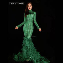 2019 Elegance Green Rhinestones Feather Long Dress Women's Birthday Celebrate Dress Evening Party Women Singer Sexy Dress 2024 - buy cheap