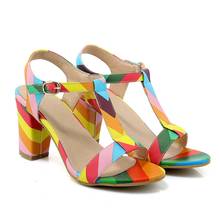 US4-11 Womens Peep Toe Rainbow Colors T-Strappy Ankle Buckle Block High Heel Sandals Pumps Shoes Plus Size C592  2024 - buy cheap