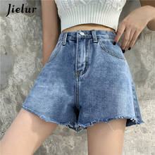 Jielur-shorts jeans de cintura alta, feminino, azul, com bolso, solto, cor sólida, slim, chique, azul 2024 - compre barato